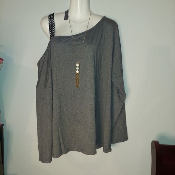 Gray Women's Plus Size Asymmetrical-Neck Cold Shoulder T-Shirt - Picture 6 of 11